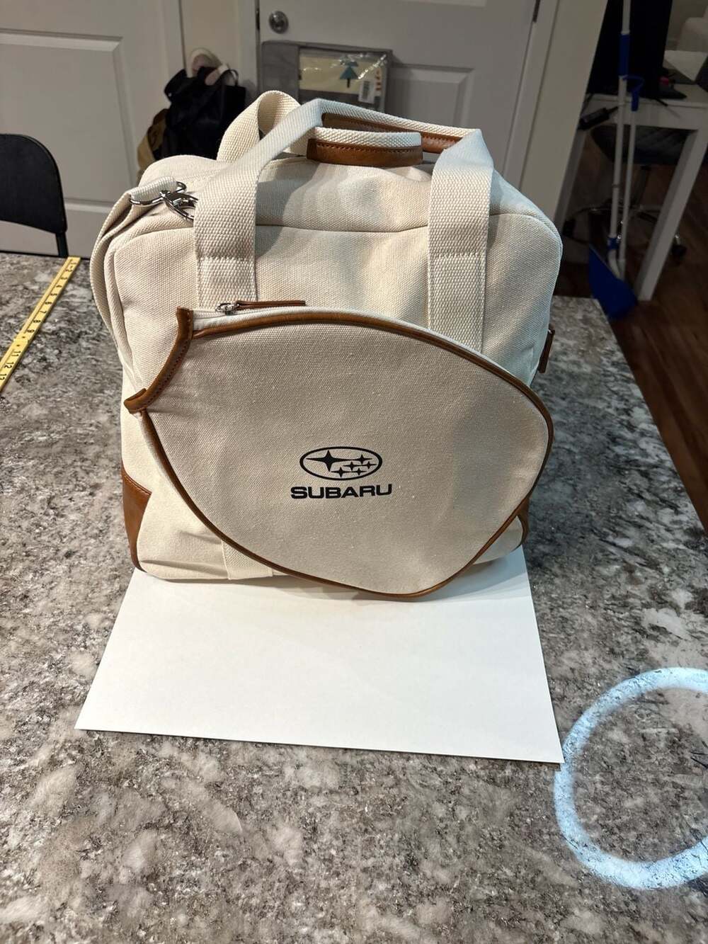 Subaru Cream Canvas Pickleball Tote Bag with Paddle Pocket